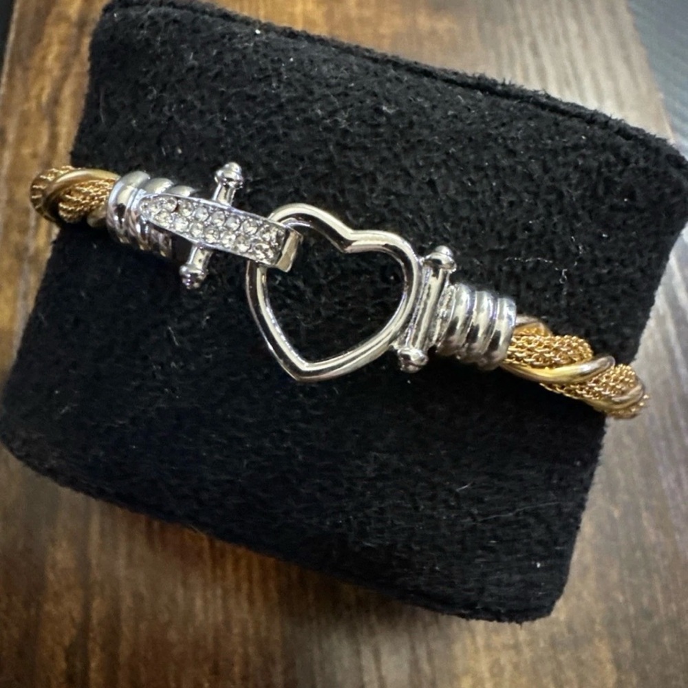 Gold & Silver Tone Heart Rhinestone Sword Loop and Hook Bangle Bracelet